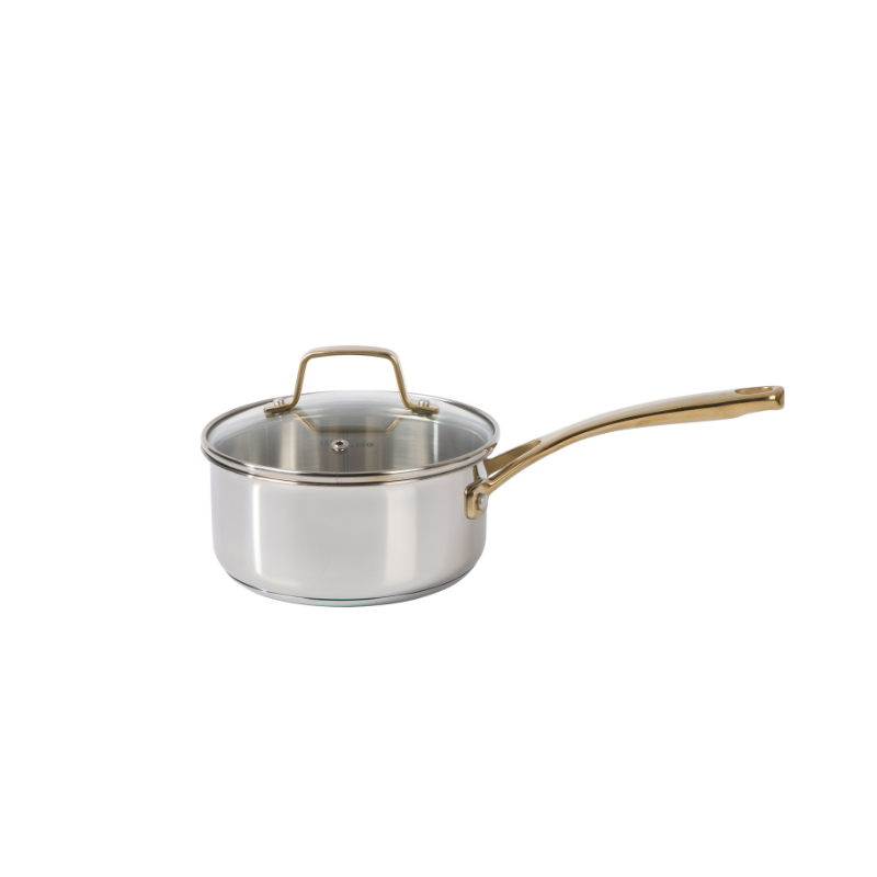 Martha Stewart Castelle 2. 5 qt Stainless Steel Saucepan w/ Lid - Satin Polish Interior - Gold PVD Handle - Impact Bonded Base - Color Sleeve