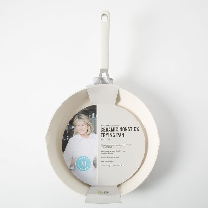 Martha Stewart 11" Heathland Aluminum Frying Pan - Linen - Taper Shape - Off White Ceramic Interior - Induction - Silicone Handle - Color Sleeve