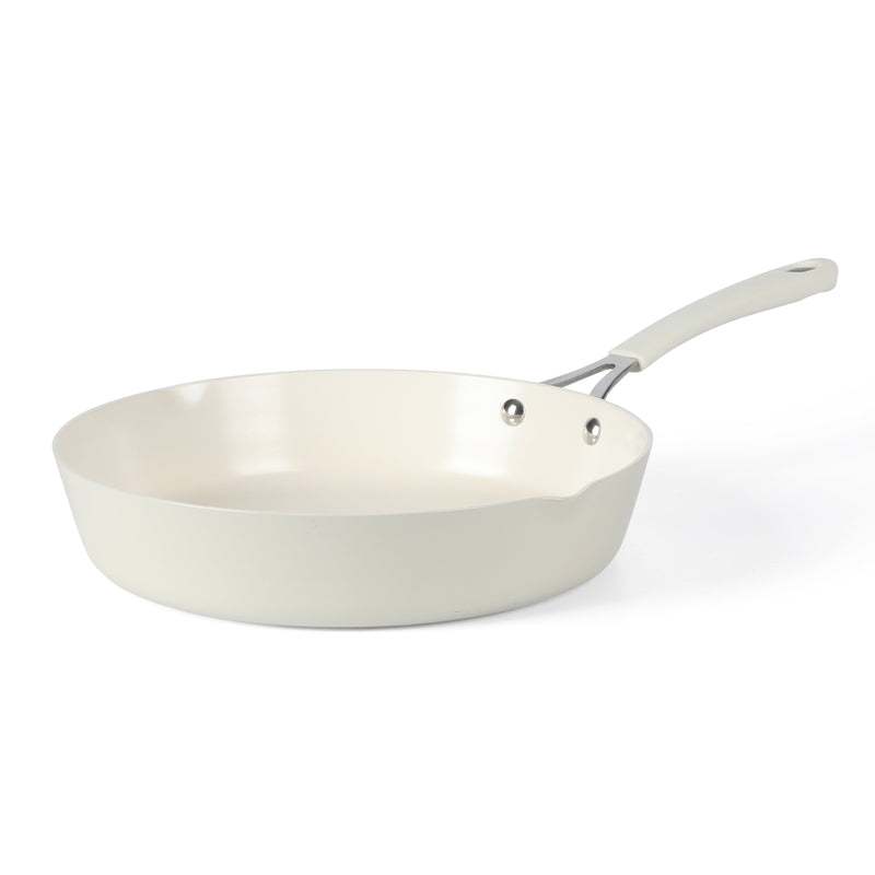 Martha Stewart 11" Heathland Aluminum Frying Pan - Linen - Taper Shape - Off White Ceramic Interior - Induction - Silicone Handle - Color Sleeve