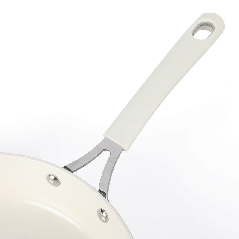 Martha Stewart 11" Heathland Aluminum Frying Pan - Linen - Taper Shape - Off White Ceramic Interior - Induction - Silicone Handle - Color Sleeve