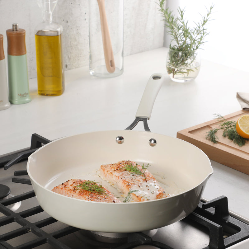 Martha Stewart 11" Heathland Aluminum Frying Pan - Linen - Taper Shape - Off White Ceramic Interior - Induction - Silicone Handle - Color Sleeve