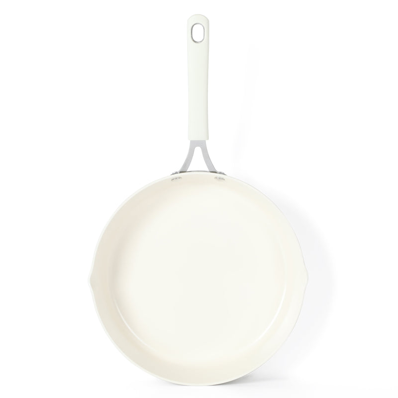 Martha Stewart 11" Heathland Aluminum Frying Pan - Linen - Taper Shape - Off White Ceramic Interior - Induction - Silicone Handle - Color Sleeve