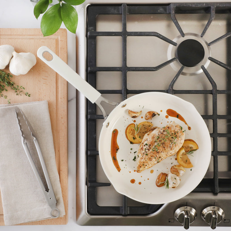 Martha Stewart 9.5" Heathland Aluminum Frying Pan - Linen - Taper Shape - Off White Ceramic Interior - Induction - Silicone Handle - Color Sleeve