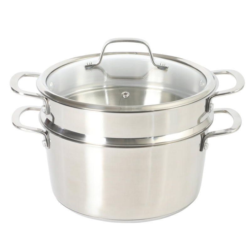Sur La Table Kitchen Essential Chef's Deck 5.3 qt Stainless Steel Dutch Oven w/ Steamer & Glass Lid - Polish Exterior - Impact Bonded Base - Induction - Stainless Steel Hollow Handle - Color Sleeve w/ Remailer