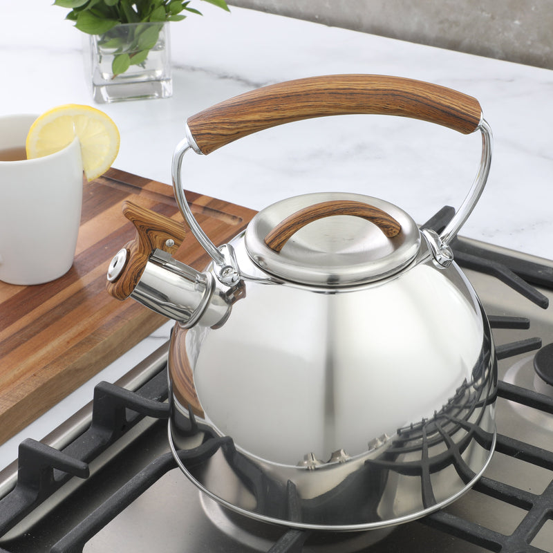 Mr. Coffee Fremont 2qt Stainless Steel Tea Kettle - Metallic Polished - Wood Look Handle - Gift Box w/ Hang Tag