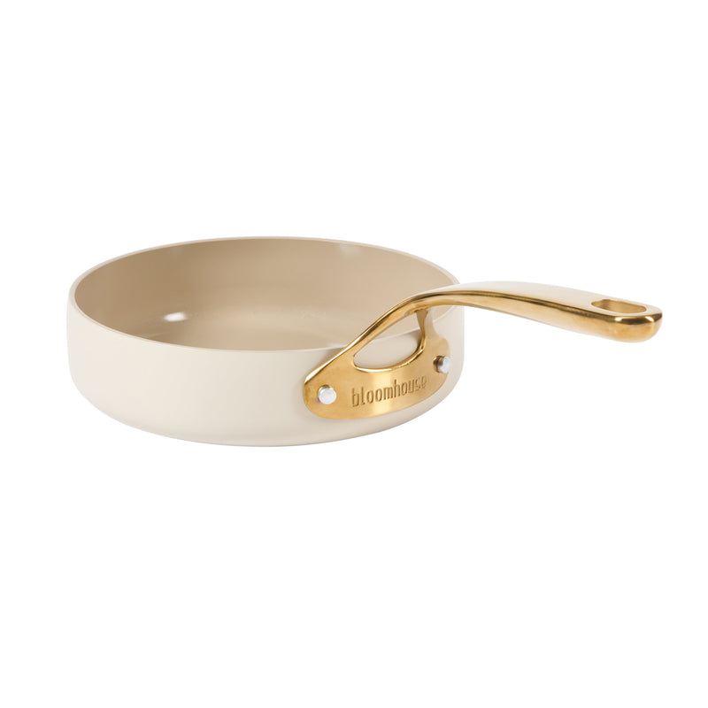 Bloomhouse 8" Aluminum Frying Pan - Linen - Taupe Ceramic Interior - Ceramic Nonstick - Induction - Cast Stainless Steel Gold PVD Handle - Gift Box w/ Remailer