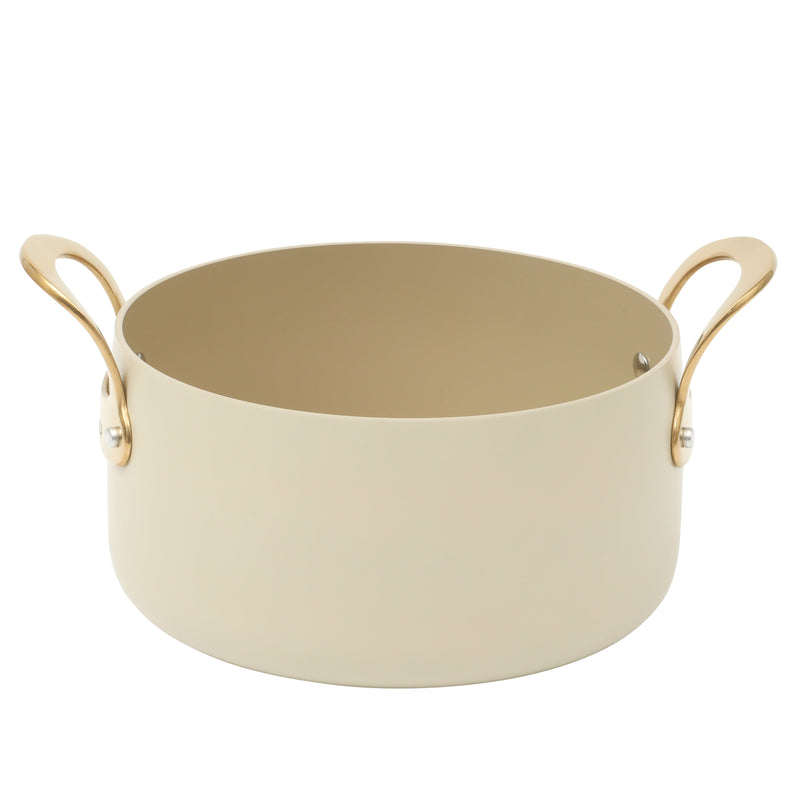 Bloomhouse 8pc Aluminum Cookware Set - Linen - Taupe Ceramic Interior - Nonstick - Gold PVD Stainless Steel Rim Glass Lid - Induction - Cast Stainless Steel Gold PVD Handle - Gift Box w/ Remailer