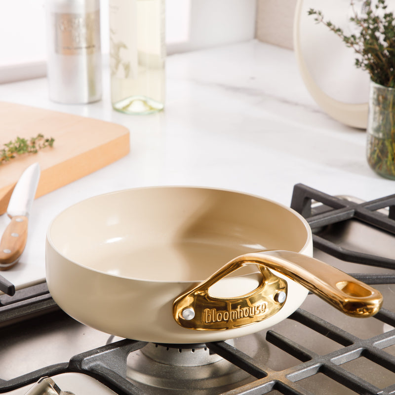 Bloomhouse 8" Aluminum Frying Pan - Linen - Taupe Ceramic Interior - Ceramic Nonstick - Induction - Cast Stainless Steel Gold PVD Handle - Gift Box w/ Remailer