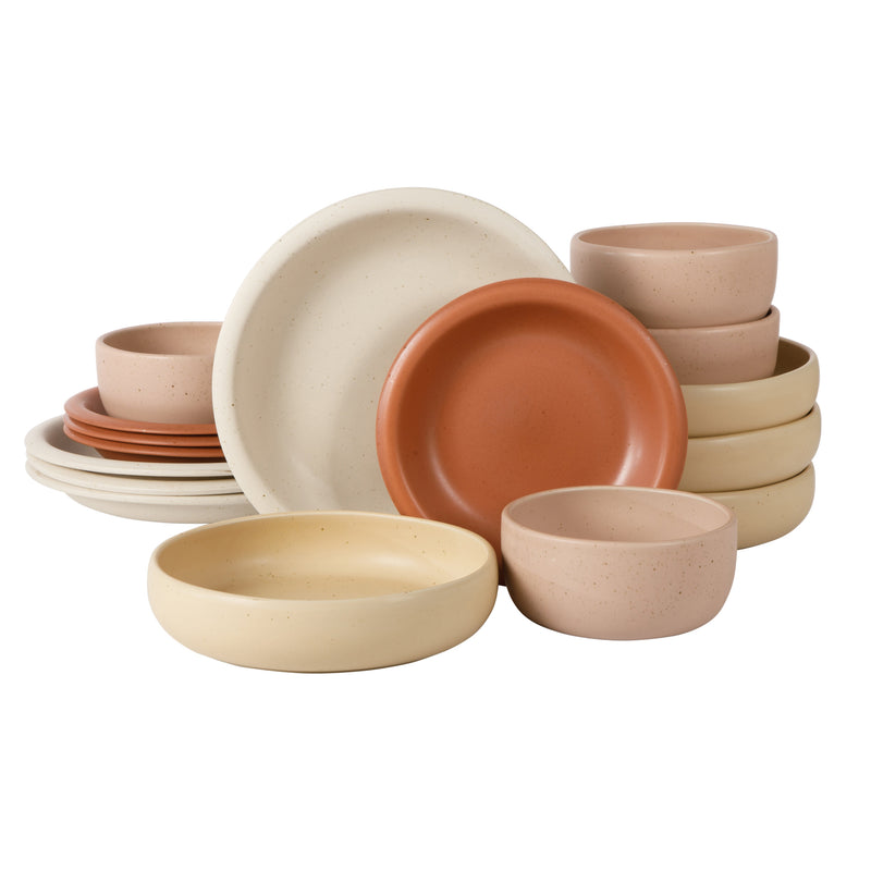 Bloomhouse Corsica Clay 16pc Double Bowl Dinnerware Set - 4 Assorted Colors - Reactive Glaze - Stoneware - Gift Box w/ /Remailer