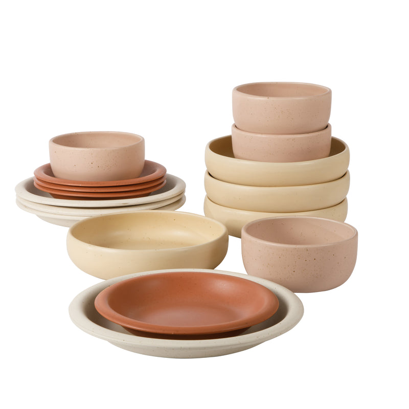 Bloomhouse Corsica Clay 16pc Double Bowl Dinnerware Set - 4 Assorted Colors - Reactive Glaze - Stoneware - Gift Box w/ /Remailer