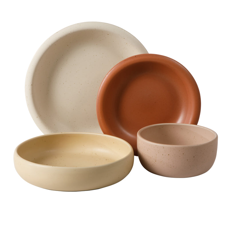 Bloomhouse Corsica Clay 16pc Double Bowl Dinnerware Set - 4 Assorted Colors - Reactive Glaze - Stoneware - Gift Box w/ /Remailer
