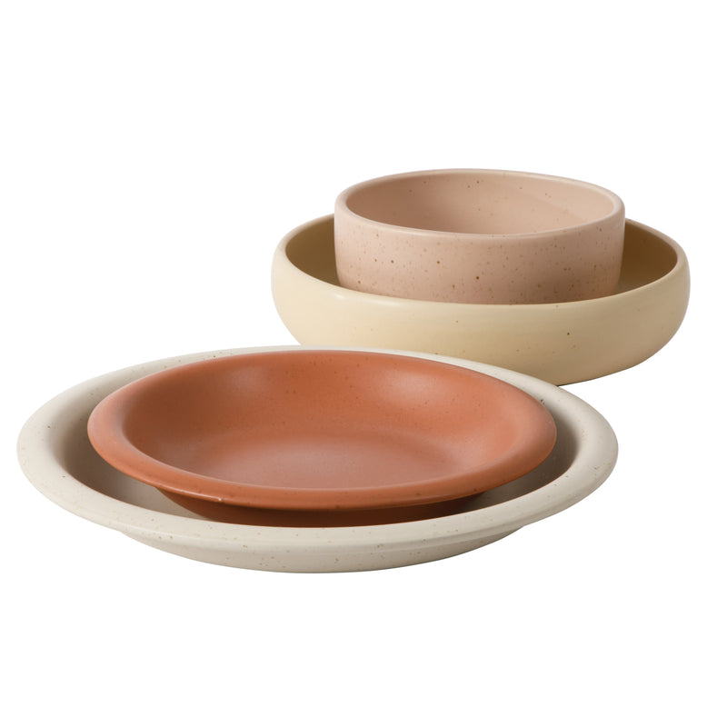 Bloomhouse Corsica Clay 16pc Double Bowl Dinnerware Set - 4 Assorted Colors - Reactive Glaze - Stoneware - Gift Box w/ /Remailer