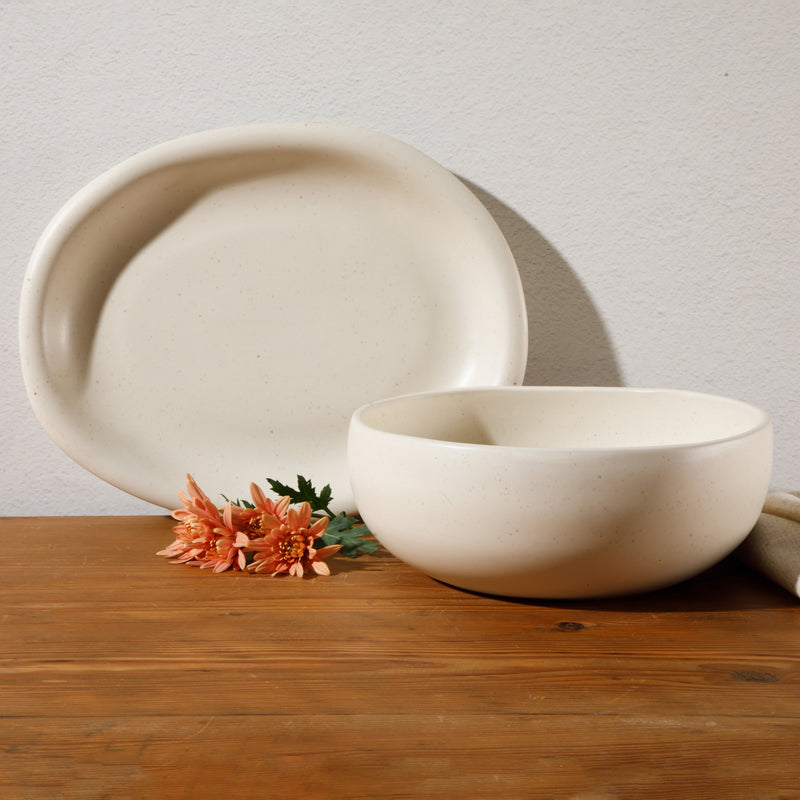 Bloomhouse Corsica Clay 2 pc Oval Serving Platter & Bowl Set - Sea Salt - Reactive Glaze - Stoneware - Gift Box w/ Remailer