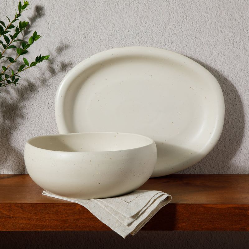 Bloomhouse Corsica Clay 2 pc Oval Serving Platter & Bowl Set - Sea Salt - Reactive Glaze - Stoneware - Gift Box w/ Remailer