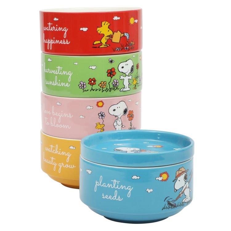Peanuts Snoopy's Garden Patch 6pc 5.5" Stackable Bowl Set - Asst Designs - Round - Decorated - Stoneware - Gift Box w/ RM