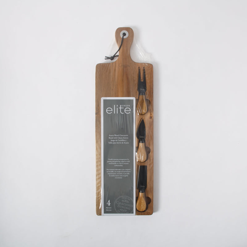 Gibson Elite Gracious Dining 4pc Cheese Knife Set w/ Acacia Serving Board - Black Nonstick Stainless Steel Blade - Acacia Handle - Acacia Wood - Clam Pack w/ Window Box
