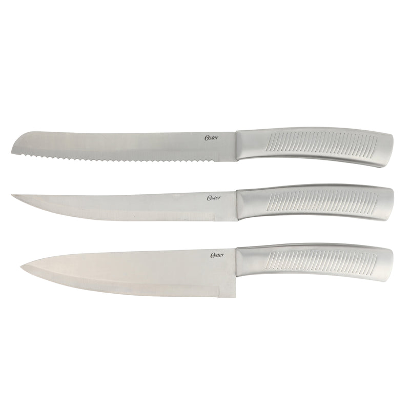 Oster Eddington 16pc Stainless Steel Cutlery Set w/ Black Wood Block - Textured Ridged Handle - GBX