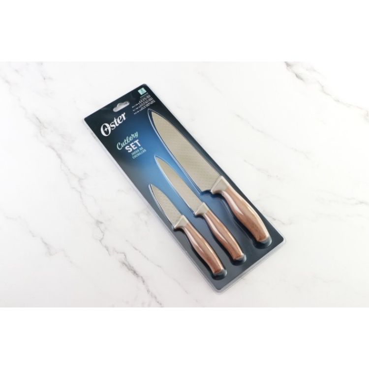 Oster Gunderson 3 pc Stainless Steel Cutlery Set - Oat - Textured Blade - PP Wood Look Handle - CLP