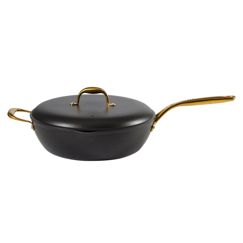 Frok 13" Forged Aluminum Frok (Fry Pan / Wok Hybrid) w/ Aluminum Lid - Grey Ceramic Nonstick Int - Heat Resist Ext - Induction Base - Cast SS W/ Gold Pvd Handle - Forged Al - Color Label w/ Remailer