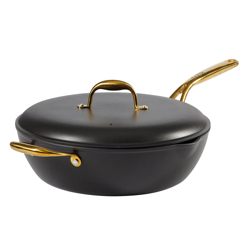 Frok 13" Forged Aluminum Frok (Fry Pan / Wok Hybrid) w/ Aluminum Lid - Grey Ceramic Nonstick Int - Heat Resist Ext - Induction Base - Cast SS W/ Gold Pvd Handle - Forged Al - Color Label w/ Remailer