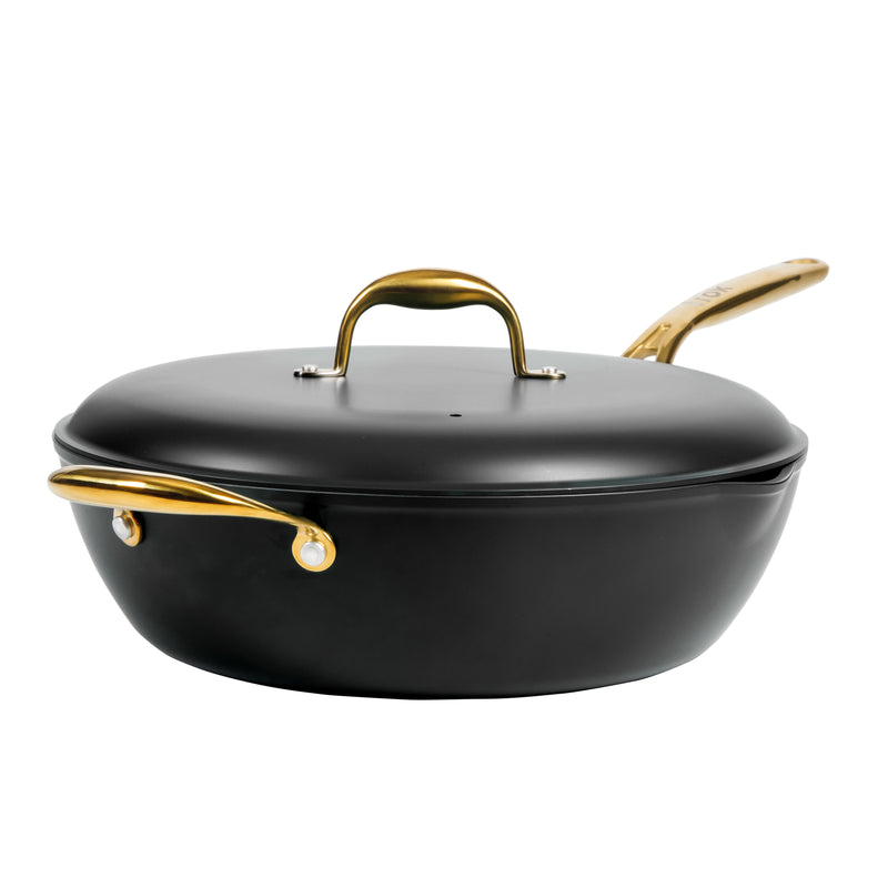 Frok 13" Forged Aluminum Frok (Fry Pan / Wok Hybrid) w/ Aluminum Lid - Grey Ceramic Nonstick Int - Heat Resist Ext - Induction Base - Cast SS W/ Gold Pvd Handle - Forged Al - Color Label w/ Remailer