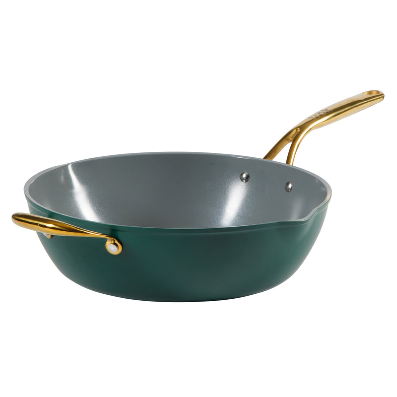 Frok 13" Forged Aluminum Frok (Fry Pan / Wok Hybrid) w/ Aluminum Lid - Grey Ceramic Nonstick Int - Heat Resist Ext - Induction Base - Cast SS W/ Gold Pvd Handle - Forged Al - Color Label w/ Remailer