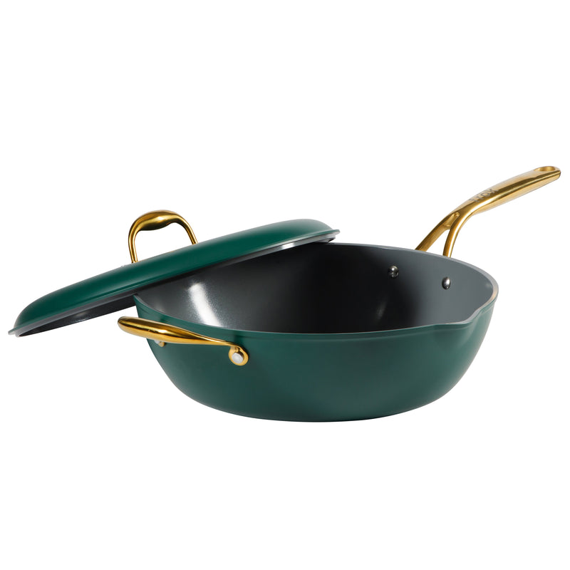 Frok 13" Forged Aluminum Frok (Fry Pan / Wok Hybrid) w/ Aluminum Lid - Grey Ceramic Nonstick Int - Heat Resist Ext - Induction Base - Cast SS W/ Gold Pvd Handle - Forged Al - Color Label w/ Remailer
