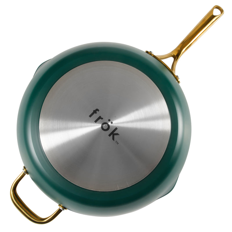 Frok 13" Forged Aluminum Frok (Fry Pan / Wok Hybrid) w/ Aluminum Lid - Grey Ceramic Nonstick Int - Heat Resist Ext - Induction Base - Cast SS W/ Gold Pvd Handle - Forged Al - Color Label w/ Remailer