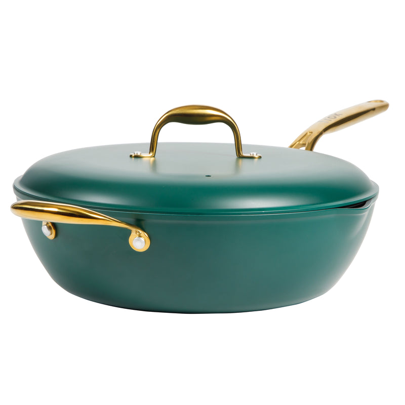 Frok 13" Forged Aluminum Frok (Fry Pan / Wok Hybrid) w/ Aluminum Lid - Grey Ceramic Nonstick Int - Heat Resist Ext - Induction Base - Cast SS W/ Gold Pvd Handle - Forged Al - Color Label w/ Remailer