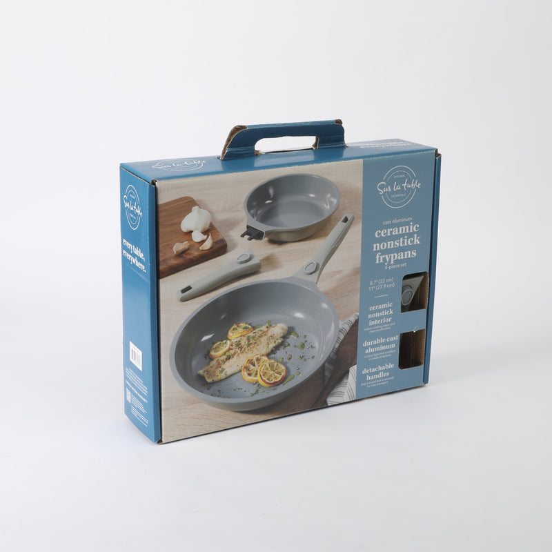 Sur La Table Kitchen Essentials Craft Studio 4pc Aluminum Frying Pan Set - Ceramic Non-Stick Interior - Induction Base - Soft Touch Detachable Handle - Gift Box w/ Remailer (Open Window)