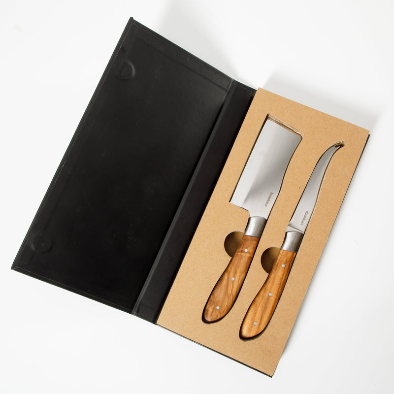 Bloomhouse 2 pc Stainless Steel Cheese Knife Set - German Steel Blade - Olive Wood Handle - Mirror Polish - GBX w/ Remailer