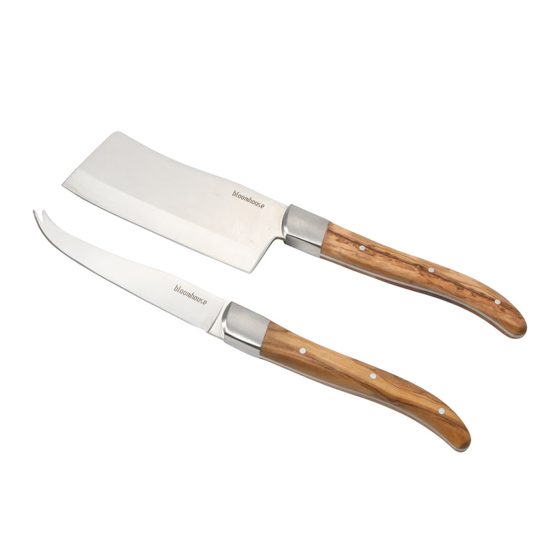 Bloomhouse 2 pc Stainless Steel Cheese Knife Set - German Steel Blade - Olive Wood Handle - Mirror Polish - GBX w/ Remailer