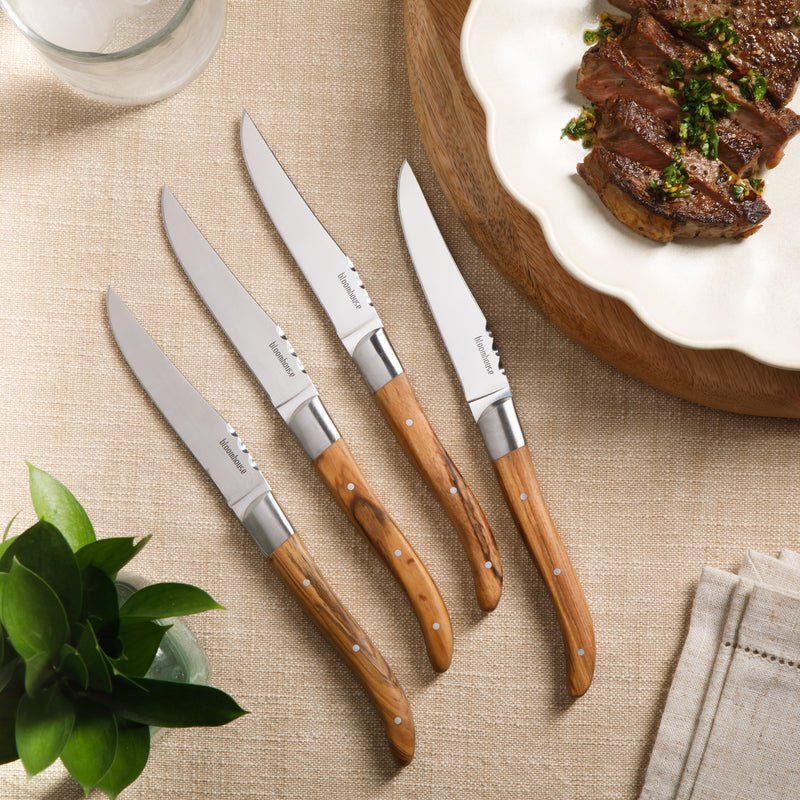 Bloomhouse 4 pc Stainless Steel Steak Knife Set - German Steel Blade - Olive Wood Handle - GBX w/ Remailer