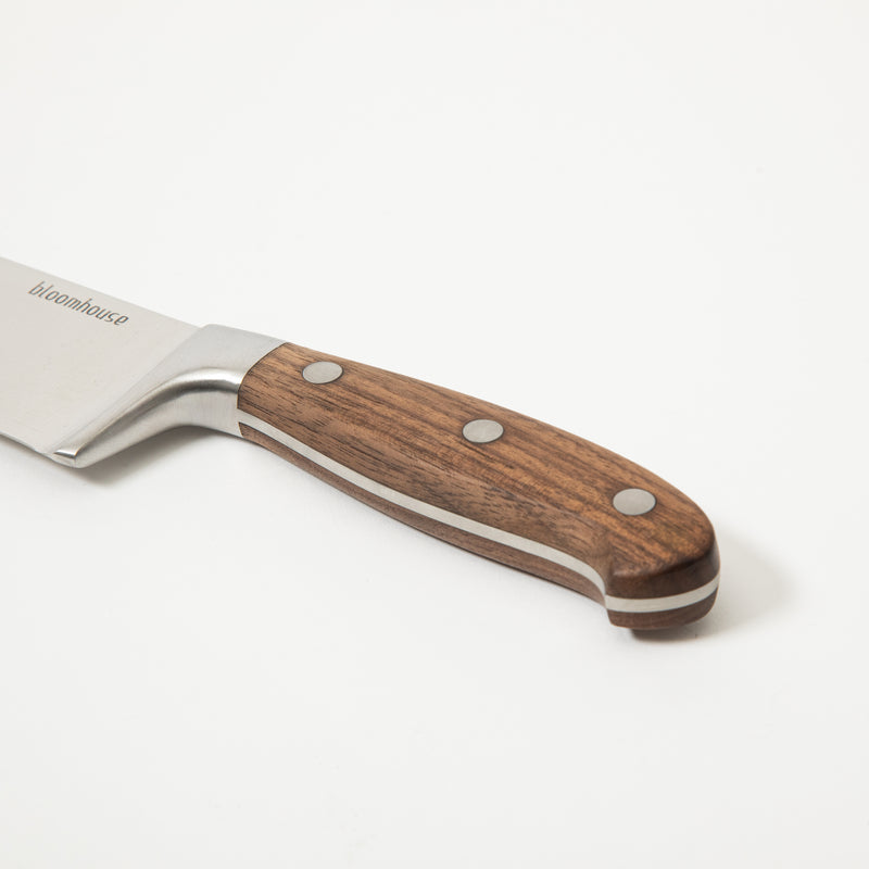 Bloomhouse 8" Stainless Steel Chef Knife - German Steel Blade - Walnut Wood Handle - Mirror Polish - GBX w/ Remailer