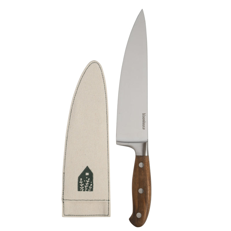 Bloomhouse 8" Stainless Steel Chef Knife - German Steel Blade - Walnut Wood Handle - Mirror Polish - GBX w/ Remailer