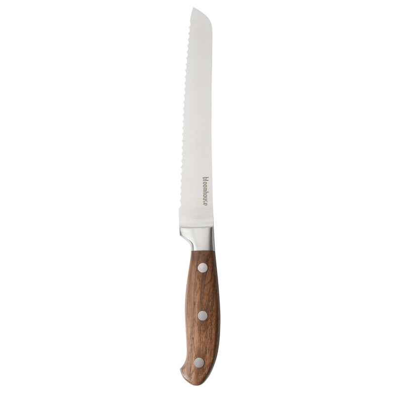 Bloomhouse 8" Stainless Steel Bread Knife - German Steel Blade - Walnut Wood Handle - Mirror Polish - GBX w/ Remailer