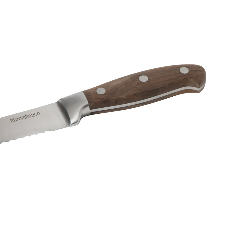 Bloomhouse 8" Stainless Steel Bread Knife - German Steel Blade - Walnut Wood Handle - Mirror Polish - GBX w/ Remailer