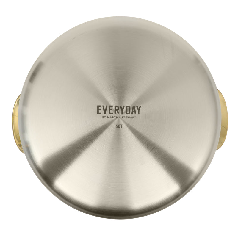 Martha Stewart Everyday Midvale 5 qt Stainless Steel Dutch Oven w/ Glass Lid - Gold PVD Cast Handle - Bonded Base - Color Sleeve w/ Factory Remailer