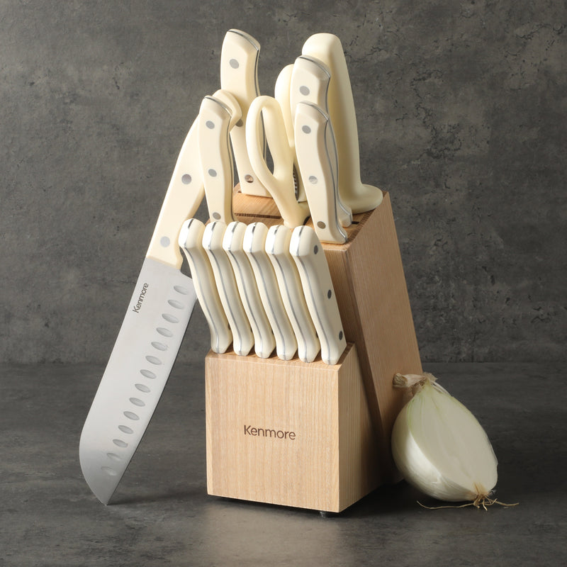 Kenmore Kane Glacier 14pc Stainless Steel Cutlery Set w/ Ashwood Block - ABS Handle - Gift Box w/ Remailer : Linen