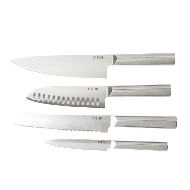 Babish 5pc Stainless Steel Cutlery Set w/ Magnetic Ashwood Block - German Steel - SS Hollow Handle - Gift Box w/ Remailer