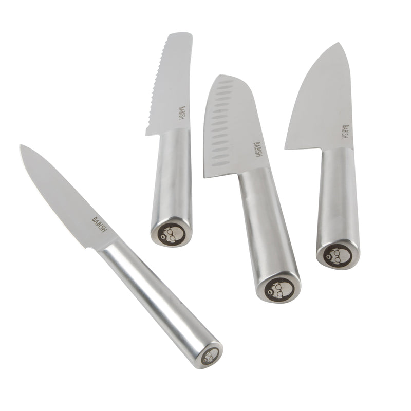 Babish 5pc Stainless Steel Cutlery Set w/ Magnetic Ashwood Block - German Steel - SS Hollow Handle - Gift Box w/ Remailer