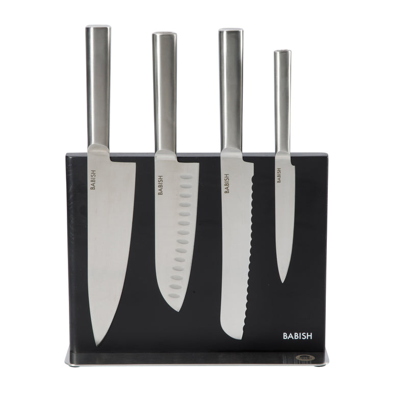 Babish 5pc Stainless Steel Cutlery Set w/ Magnetic Ashwood Block - German Steel - SS Hollow Handle - Gift Box w/ Remailer