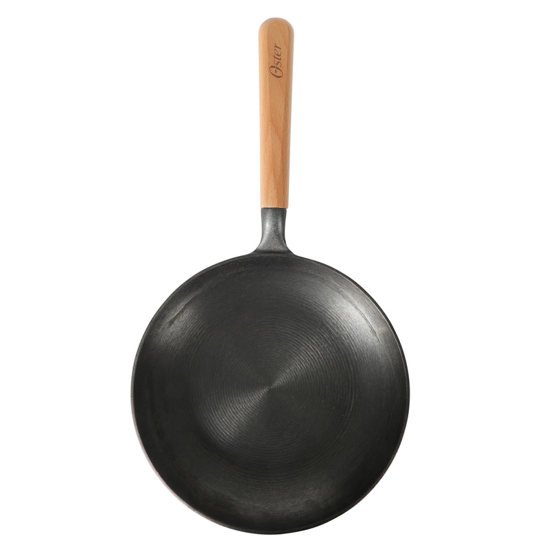 Oster Platinum Flintfield 9.5" Pre-seasoned Cast Iron Skillet - Circular Rough Polished Interior - No Rivets Wood Handle - Color Sleeve w/ Remailer