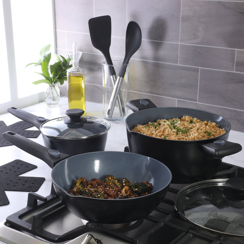 Oster Smarthandle Advance 13pc Forged Aluminum Cookware Combo Set - Ceramic Non-Stick Interior - Induction Base - Detachable Bakelite Handle - Gift Box