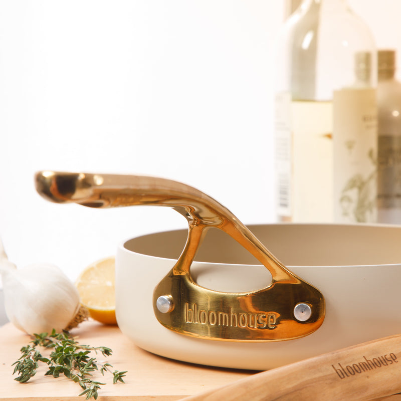 Bloomhouse 8" Aluminum Frying Pan - Linen - Taupe Ceramic Interior - Ceramic Nonstick - Induction - Cast Stainless Steel Gold PVD Handle - Gift Box w/ Remailer