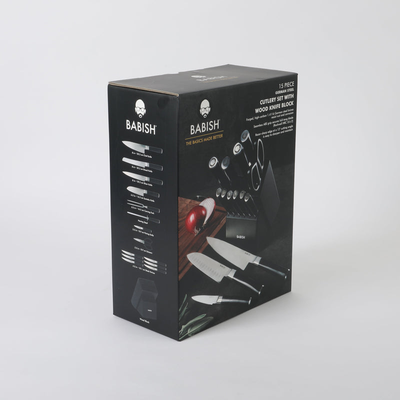 Babish 15 pc German Steel Cutlery Set w/ Black Rubber Wood Block - Gift Box w/ Remailer