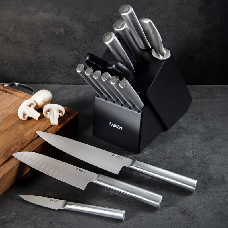 Babish 15 pc German Steel Cutlery Set w/ Black Rubber Wood Block - Gift Box w/ Remailer