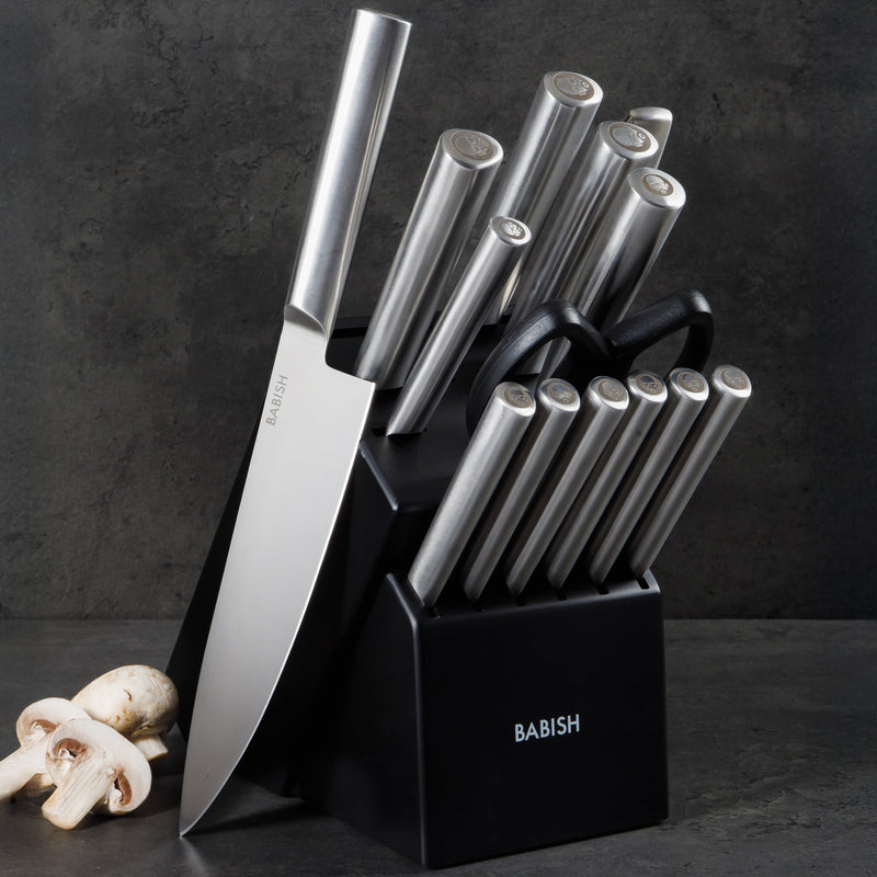 Babish 15 pc German Steel Cutlery Set w/ Black Rubber Wood Block - Gift Box w/ Remailer