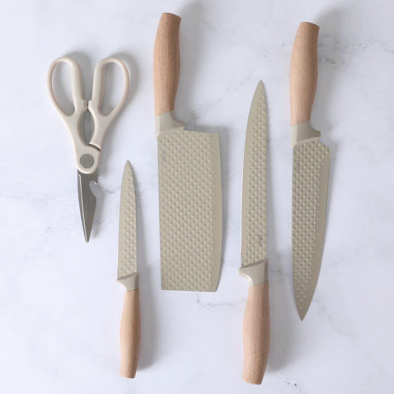 Oster Gunderson 6 pc Stainless Steel Cutlery Set w/ Round Stand - Taupe Diamond Embossed Blade - Wood Look Handle  - GBX w/ Remailer