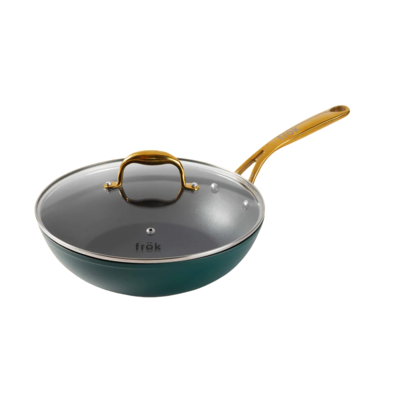 Frok 11" Aluminum Frok (Fry Pan / Wok Hybrid) w/ Glass Lid - Ceramic Nonstick Int - Matte Exterior - Stainless Steel Handle - Colored Remailer